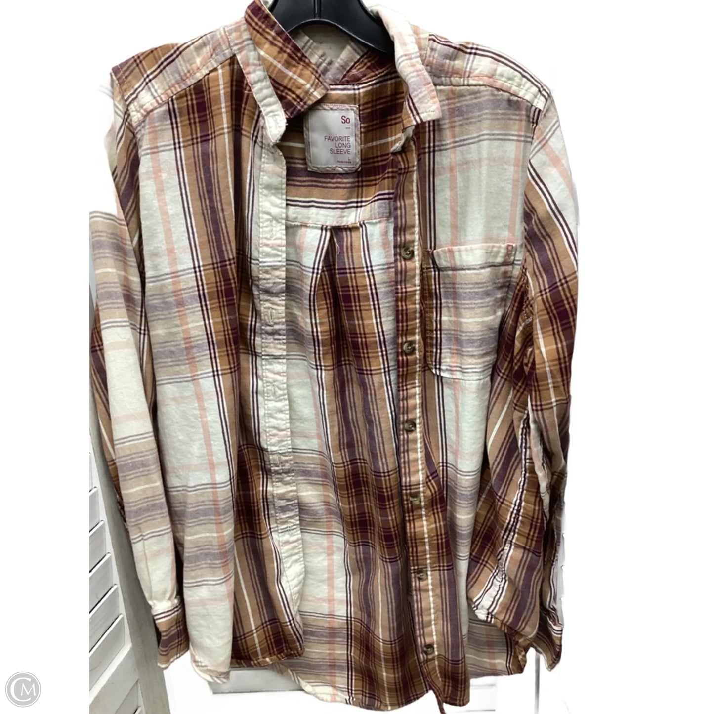 Top Long Sleeve By So In Plaid Pattern, Size: L