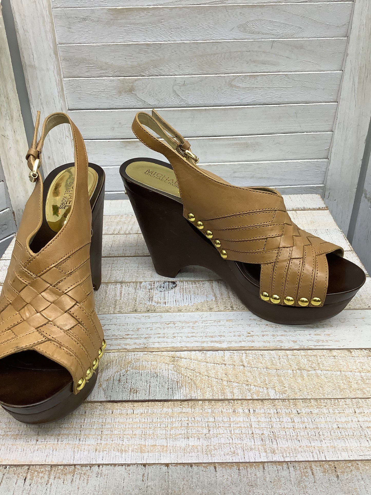 Brown Sandals Heels Block Michael By Michael Kors, Size 9.5