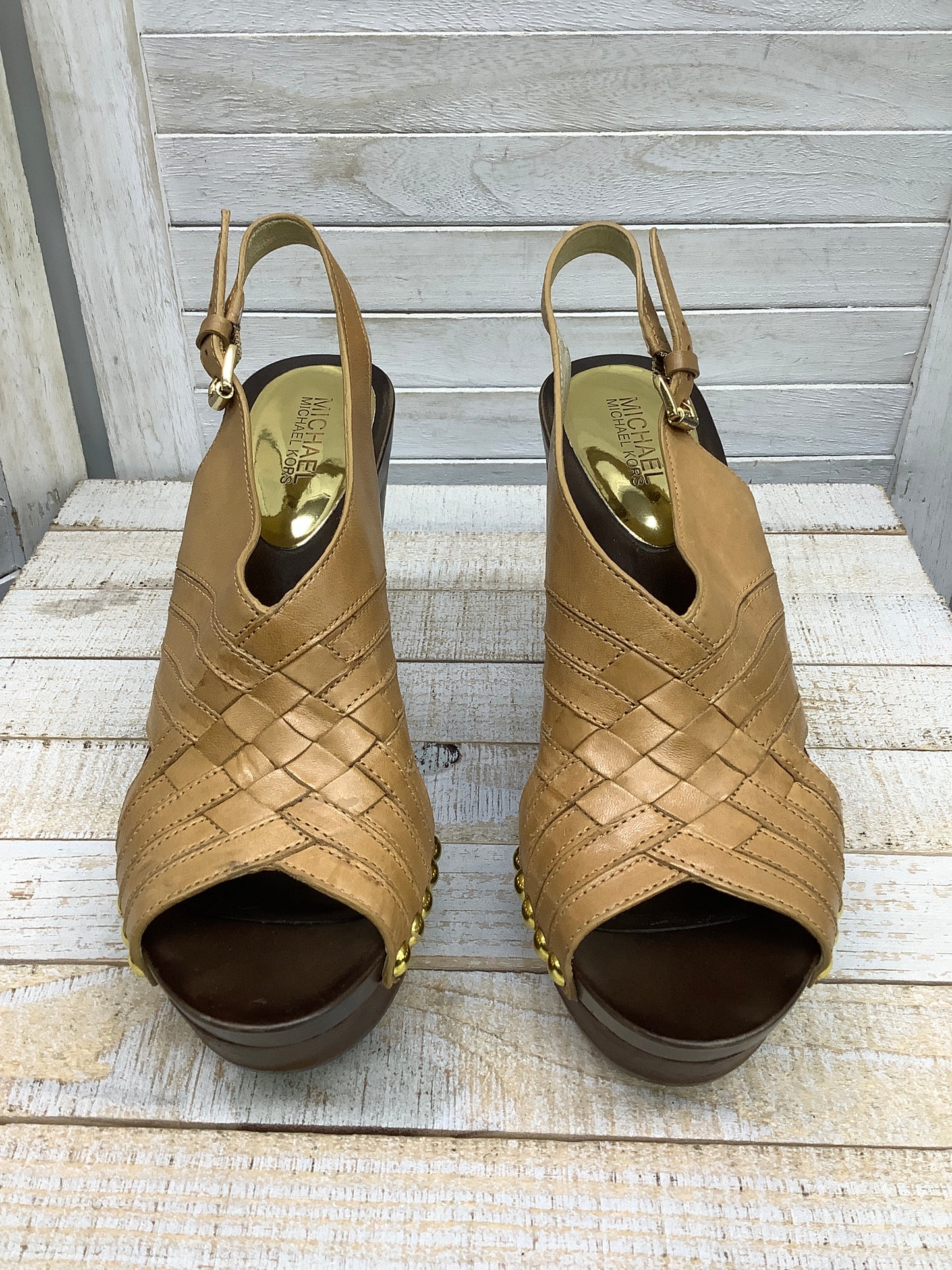 Brown Sandals Heels Block Michael By Michael Kors, Size 9.5