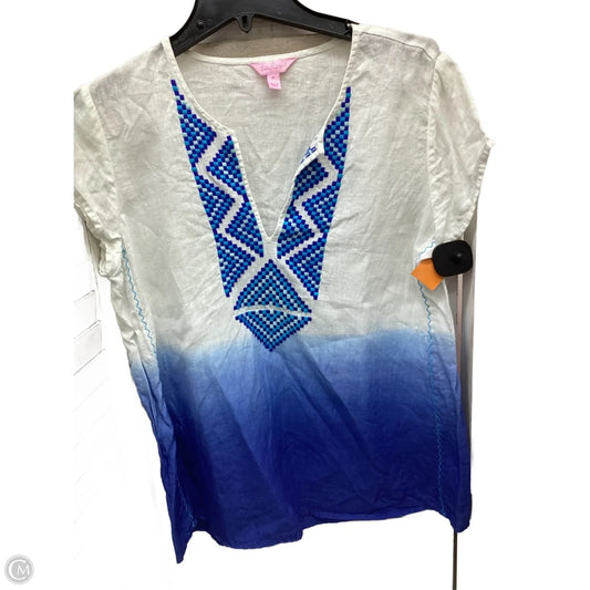 Top Short Sleeve Designer By Lilly Pulitzer In Blue & White, Size: M