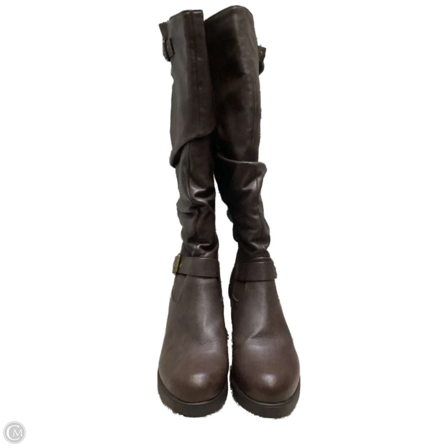 Boots Knee Heels By Clothes Mentor In Brown, Size: 8.5