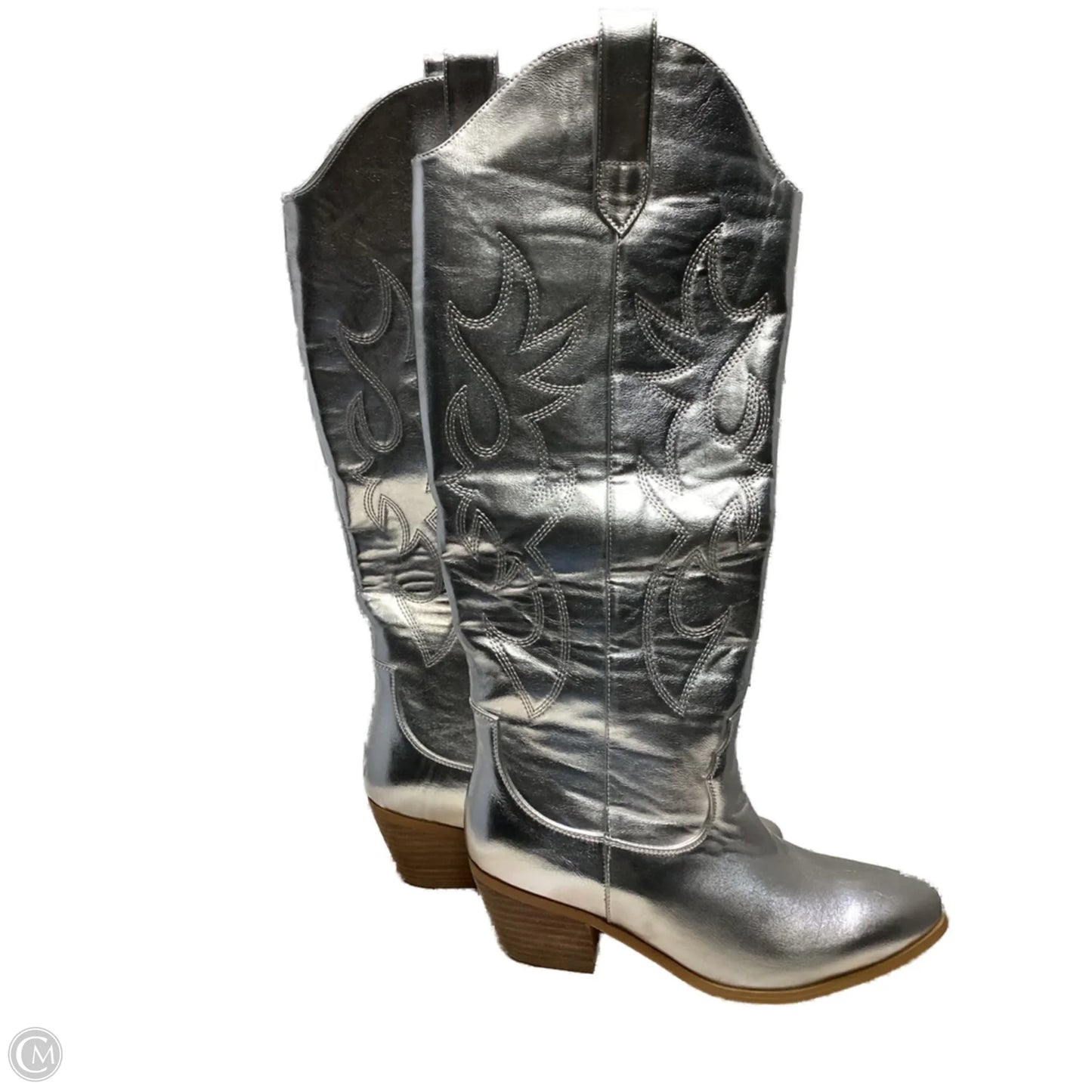 Boots Mid-calf Heels By Clothes Mentor In Silver, Size: 7.5