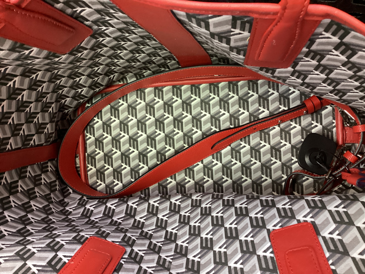Tote Luxury Designer By Mcm In Black & Red, Size:Large