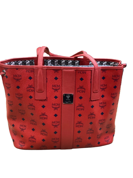 Tote Luxury Designer By Mcm In Black & Red, Size:Large